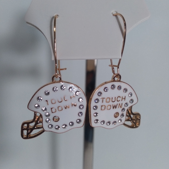 White Football Touch Down Helmet Earrings with Rhinestones - Picture 1 of 5